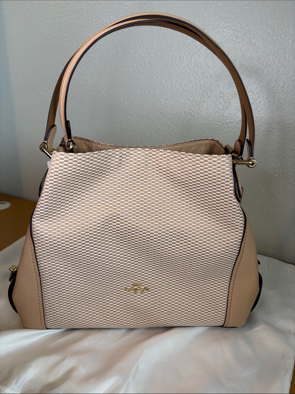Coach Beige Leather Woven Panel Gold Hardware Shoulder Bag NWT